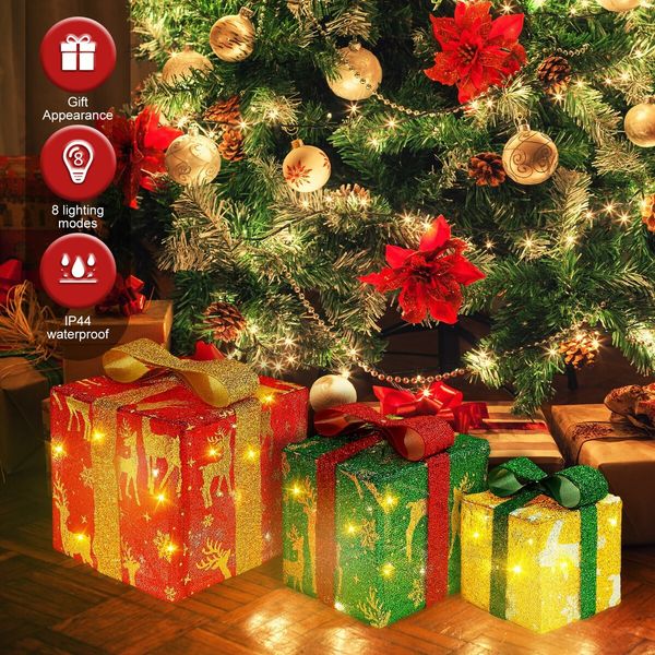 Set of 3 Lighted Gift  Boxes Christmas Decorations 60 LED Red Green and Blue Stripe Pre-lit Present Boxes, Christmas Home Gift Box Decorations