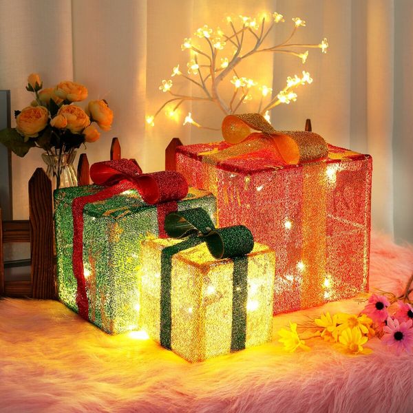 Set of 3 Lighted Gift  Boxes Christmas Decorations 60 LED Red Green and Blue Stripe Pre-lit Present Boxes, Christmas Home Gift Box Decorations