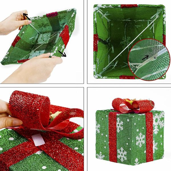 Set of 3 Lighted Gift  Boxes Christmas Decorations 60 LED Red Green and Blue Stripe Pre-lit Present Boxes, Christmas Home Gift Box Decorations