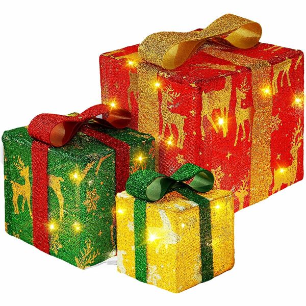 Set of 3 Lighted Gift  Boxes Christmas Decorations 60 LED Red Green and Blue Stripe Pre-lit Present Boxes, Christmas Home Gift Box Decorations