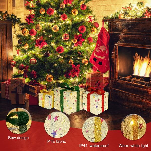 Set of 3 Lighted Gift  Boxes Christmas Decorations 60 LED Red Green and Blue Stripe Pre-lit Present Boxes, Christmas Home Gift Box Decorations