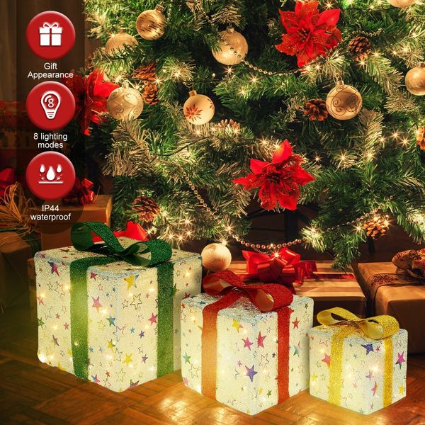 Set of 3 Lighted Gift  Boxes Christmas Decorations 60 LED Red Green and Blue Stripe Pre-lit Present Boxes, Christmas Home Gift Box Decorations