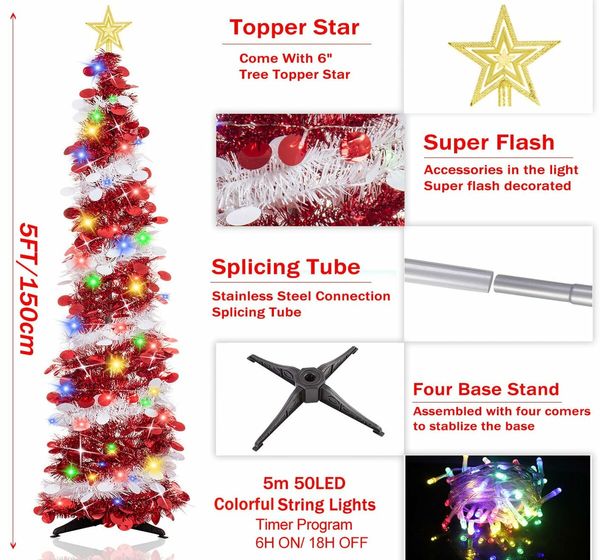 1.5m Christmas Tree with 50 LED Color Lights Artificial Pop Up Collapsible Tinsel Christmas Tree Christmas Star Home Party Indoor Outdoor (Red/white)