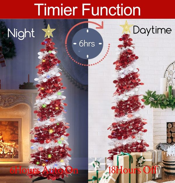 1.5m Christmas Tree with 50 LED Color Lights Artificial Pop Up Collapsible Tinsel Christmas Tree Christmas Star Home Party Indoor Outdoor (Red/white)