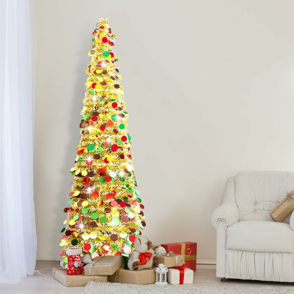 1.5m Christmas Tree Artificial Pop Up Collapsible Tinsel Christmas Tree Christmas Home Party Indoor Outdoor (Gold)