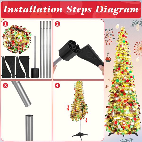 1.5m Christmas Tree Artificial Pop Up Collapsible Tinsel Christmas Tree Christmas Home Party Indoor Outdoor (Gold)