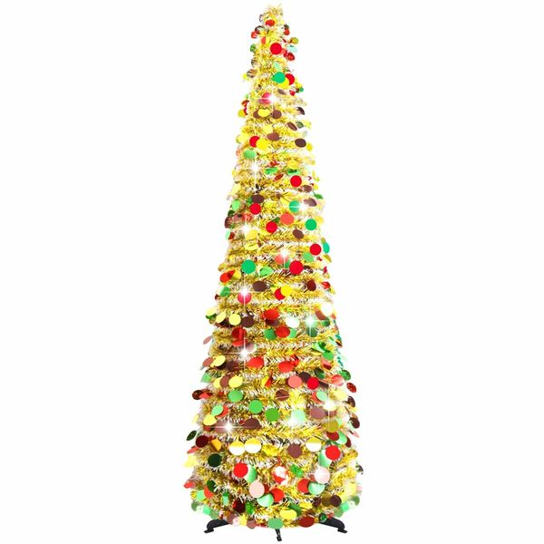 1.5m Christmas Tree Artificial Pop Up Collapsible Tinsel Christmas Tree Christmas Home Party Indoor Outdoor (Gold)