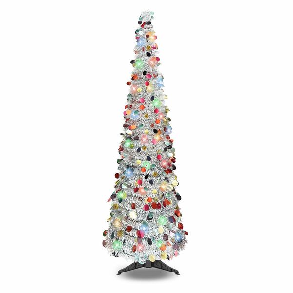 1.5m Christmas Tree Artificial Pop Up Collapsible Tinsel Christmas Tree Christmas Home Party Indoor Outdoor (Silver)