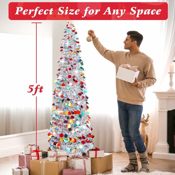 1.5m Christmas Tree Artificial Pop Up Collapsible Tinsel Christmas Tree Christmas Home Party Indoor Outdoor (Silver)