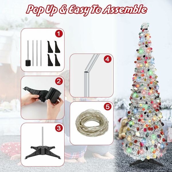 1.5m Christmas Tree Artificial Pop Up Collapsible Tinsel Christmas Tree Christmas Home Party Indoor Outdoor (Silver)