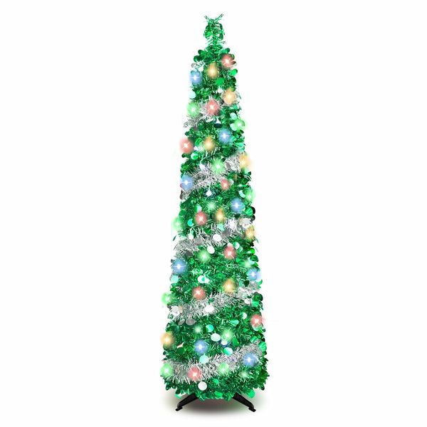 1.5m Christmas Tree with 50 Color Lights Artificial Pop Up Collapsible Tinsel Christmas Tree Christmas Home Party Indoor Outdoor (Green Silver)