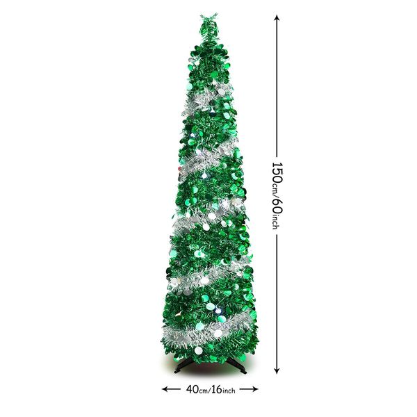 1.5m Christmas Tree with 50 Color Lights Artificial Pop Up Collapsible Tinsel Christmas Tree Christmas Home Party Indoor Outdoor (Green Silver)