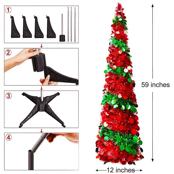 1.5m Christmas Tree with 50 Color Lights Artificial Pop Up Collapsible Tinsel Christmas Tree Christmas Home Party Indoor Outdoor (Red/Green)