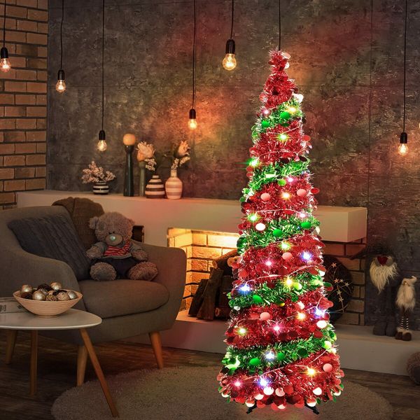 1.5m Christmas Tree with 50 Color Lights Artificial Pop Up Collapsible Tinsel Christmas Tree Christmas Home Party Indoor Outdoor (Red/Green)