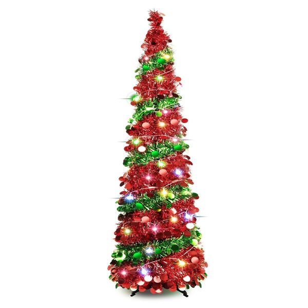 1.5m Christmas Tree with 50 Color Lights Artificial Pop Up Collapsible Tinsel Christmas Tree Christmas Home Party Indoor Outdoor (Red/Green)