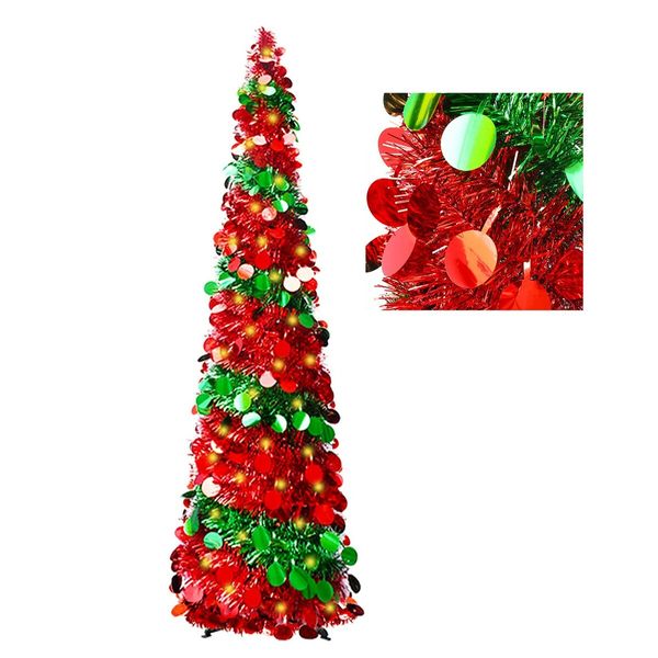 1.5m Christmas Tree with 50 Color Lights Artificial Pop Up Collapsible Tinsel Christmas Tree Christmas Home Party Indoor Outdoor (Red/Green)