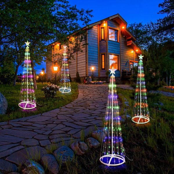 120CM DIY Outdoor Christmas Trees Cone 106 LED Christmas Tree with Star Topper Lights Holiday Yard Decor