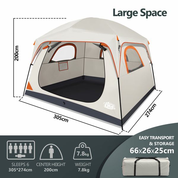 6 Person Camping Tent Family Cabin Instant Auto Beach Sun Shade Shelter Dome Weatherproof Outdoor Hiking Fishing Changing Room 305x274x200cm