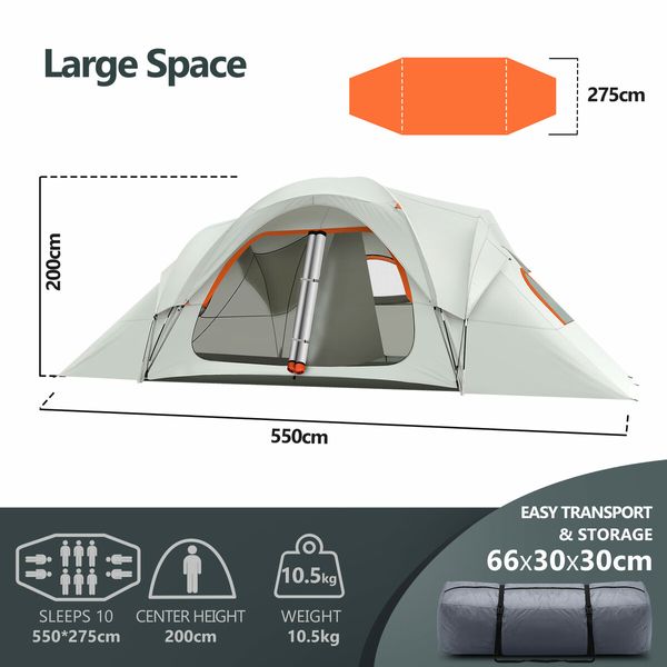 10 Person Tent Beach Camping Auto Instant Family Sun Shade Fishing Shelter Dome Cabin Outdoor Party Travel Sleep Waterproof 550x275x200cm