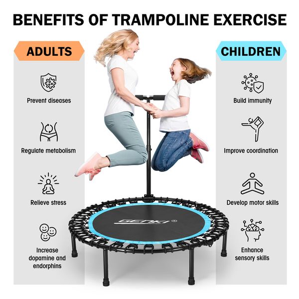 Genki Trampoline Rebounder Bounce Jumping Rebounding Bungee Exercise Home Gym Fitness Equipment Indoor Round Outdoor Adjustable Handlebar 48 Inch