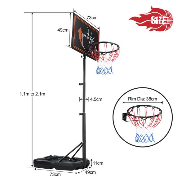 Genki 1.1 to 2.1m Portable Basketball System Stand Ring Hoop Height Adjustable Equipment Indoor for Kids Adults