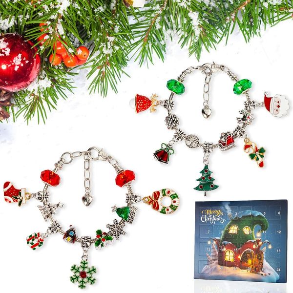 Christmas Advent Calendar Bracelets for Girls 24 Days Xmas Countdown Calendar DIY Jewelry Making Kit Gift 22 Charm Beads 2 Bracelets for Kids