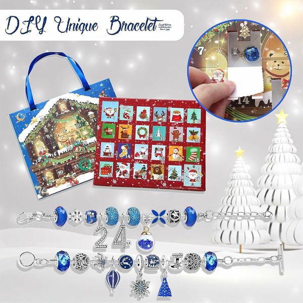 Christmas Jewelry Advent Calender Countdown Calendar DIY  Jewelry Kit for Women Girls, Include 22 Charm Beads, 2 Bracelets Chains (Blue)