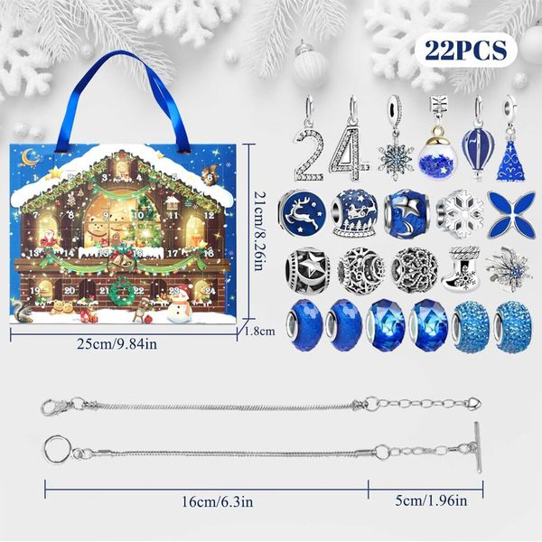 Christmas Jewelry Advent Calender Countdown Calendar DIY  Jewelry Kit for Women Girls, Include 22 Charm Beads, 2 Bracelets Chains (Blue)