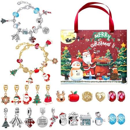 Christmas Jewelry Advent Calender Countdown Calendar DIY  Jewelry Kit for Women Girls, Include 22 Charm Beads, 2 Bracelets Chains (Red)