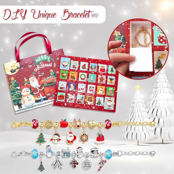 Christmas Jewelry Advent Calender Countdown Calendar DIY  Jewelry Kit for Women Girls, Include 22 Charm Beads, 2 Bracelets Chains (Red)