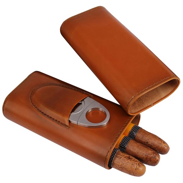 Premium 3- Finger Brown Leather Cigar Case,Cedar Wood Lined Cigar Humidor with Silver Stainless Steel Cutter