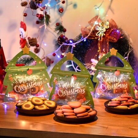 10pcs Christmas Tree Shaped Christmas Gift Bags, Perfect For Birthdays, Parties And Candy Biscuit Chocolate Packaging, Christmas Decoration