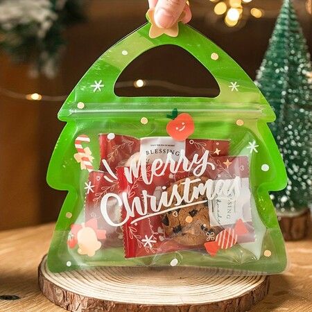 10pcs Christmas Tree Shaped Christmas Gift Bags, Perfect For Birthdays, Parties And Candy Biscuit Chocolate Packaging, Christmas Decoration