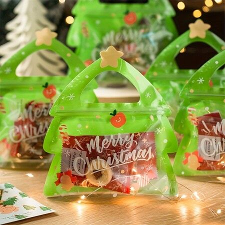 10pcs Christmas Tree Shaped Christmas Gift Bags, Perfect For Birthdays, Parties And Candy Biscuit Chocolate Packaging, Christmas Decoration