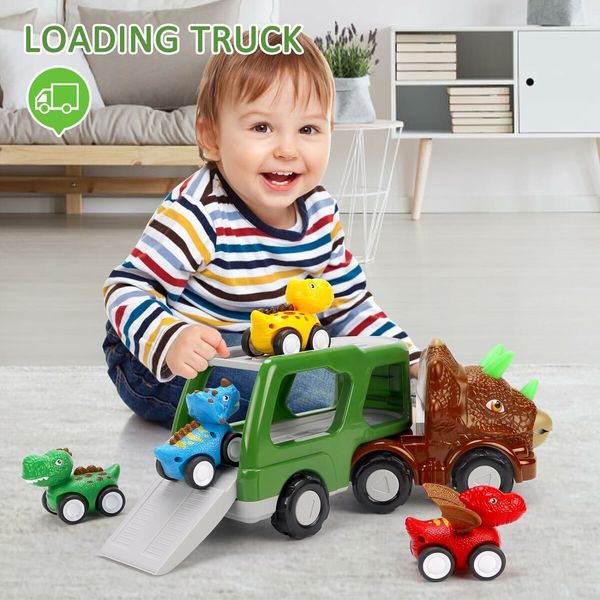 Toddler Trucks Toys for 3 4 5 6 Years Old, 5 in 1 Dinosaur Toys Push and Pull Back Vehicles for Kids