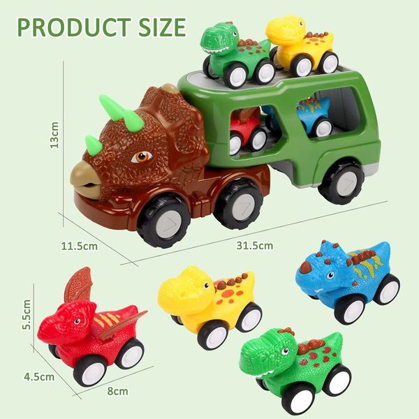 Toddler Trucks Toys for 3 4 5 6 Years Old, 5 in 1 Dinosaur Toys Push and Pull Back Vehicles for Kids