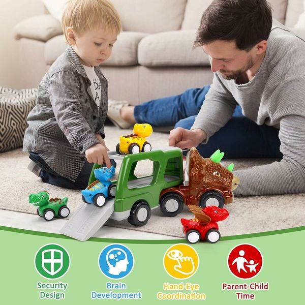 Toddler Trucks Toys for 3 4 5 6 Years Old, 5 in 1 Dinosaur Toys Push and Pull Back Vehicles for Kids