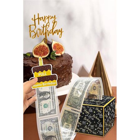 Happy Birthday Money Box for Cash Gift Pull, Black and Gold Birthday Surprise Money Gift Box for Friends and Family