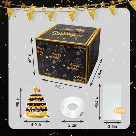 Happy Birthday Money Box for Cash Gift Pull, Black and Gold Birthday Surprise Money Gift Box for Friends and Family