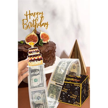 Happy Birthday Money Box for Cash Gift Pull, Black and Gold Birthday Surprise Money Gift Box for Friends and Family