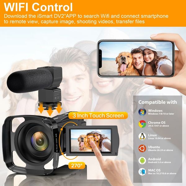 5K VideoWiFi RC Night Vision Vlogging Camera 16X Digital Touch Screen Camera Recorder with Microphone, Handheld Stabilizer, Lens Hood,,2 Batteries,TF CARD