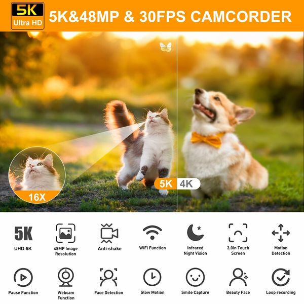 5K VideoWiFi RC Night Vision Vlogging Camera 16X Digital Touch Screen Camera Recorder with Microphone, Handheld Stabilizer, Lens Hood,,2 Batteries,TF CARD