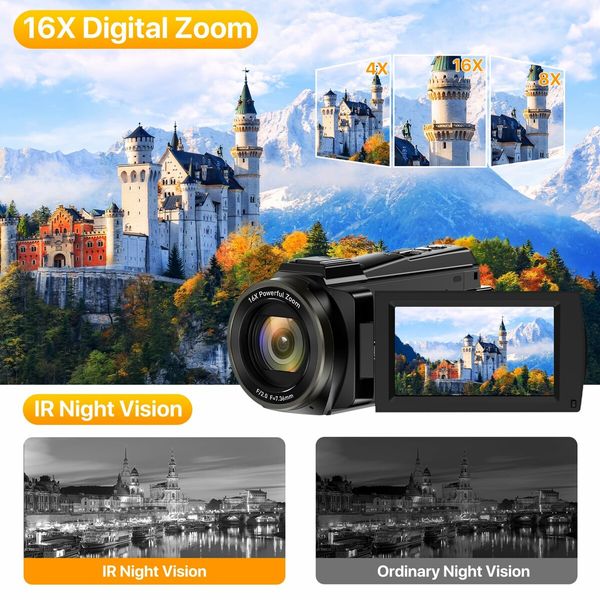 5K VideoWiFi RC Night Vision Vlogging Camera 16X Digital Touch Screen Camera Recorder with Microphone, Handheld Stabilizer, Lens Hood,,2 Batteries,TF CARD