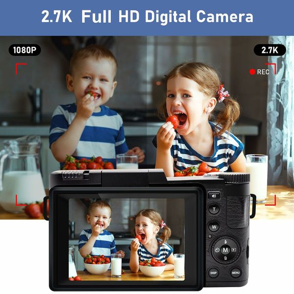 Digital Camera for Photography FHD 2.7K 30MP Vlogging Camera 3 Inch 180 Degree Flip Screen, 32GB TF Card 2 BATTERIES WIDE LENS for Teens Kids Seniors