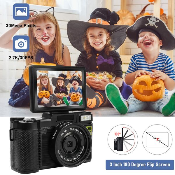 Digital Camera for Photography FHD 2.7K 30MP Vlogging Camera 3 Inch 180 Degree Flip Screen, 32GB TF Card 2 BATTERIES WIDE LENS for Teens Kids Seniors