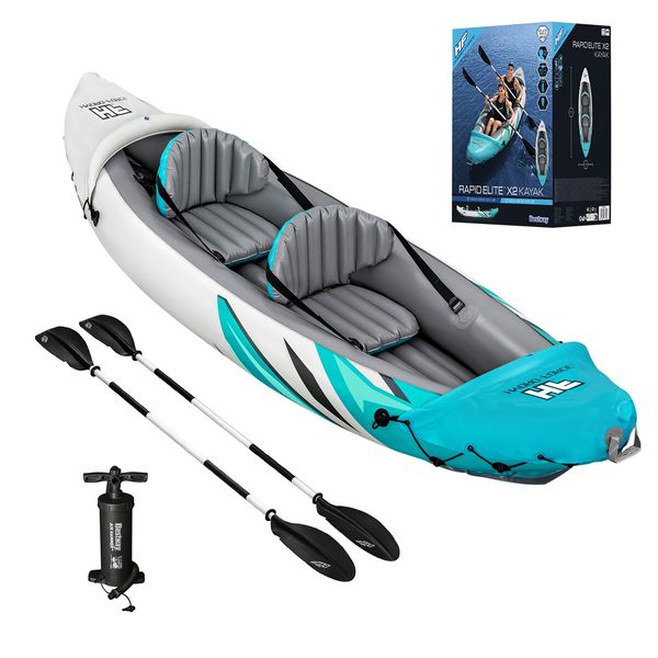 Bestway 2 Man Inflatable Kayak Blow Up Kayaking Boat Water Sport Paddling Canoe Raft Fishing Two Person with Hand Pump Paddles Carry Bag