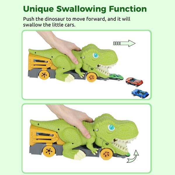 Dinosaur Eating Cars Truck for Boys Dinosaur Transport Carrier with 6 Alloy Car Toys, 2 in 1 Dino Devourer with Car Storage Eat and Poop Toys