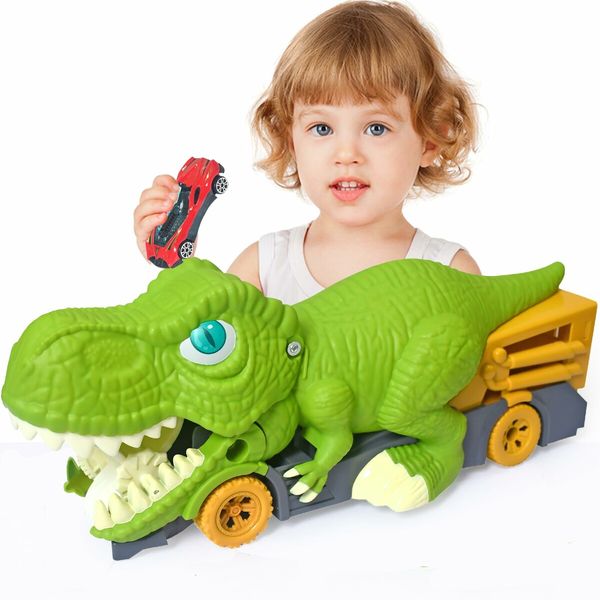 Dinosaur Eating Cars Truck for Boys Dinosaur Transport Carrier with 6 Alloy Car Toys, 2 in 1 Dino Devourer with Car Storage Eat and Poop Toys