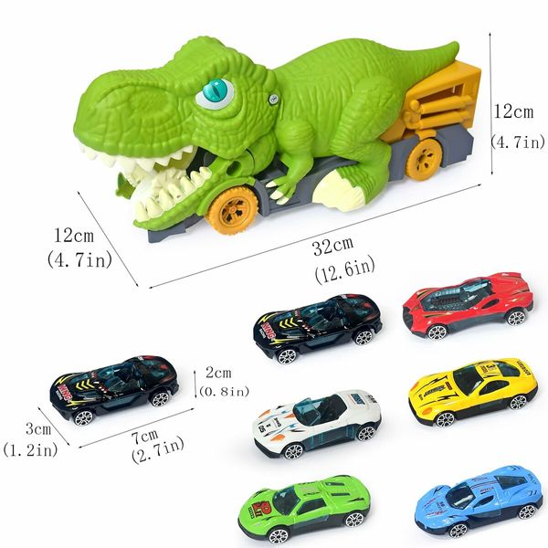 Dinosaur Eating Cars Truck for Boys Dinosaur Transport Carrier with 6 Alloy Car Toys, 2 in 1 Dino Devourer with Car Storage Eat and Poop Toys