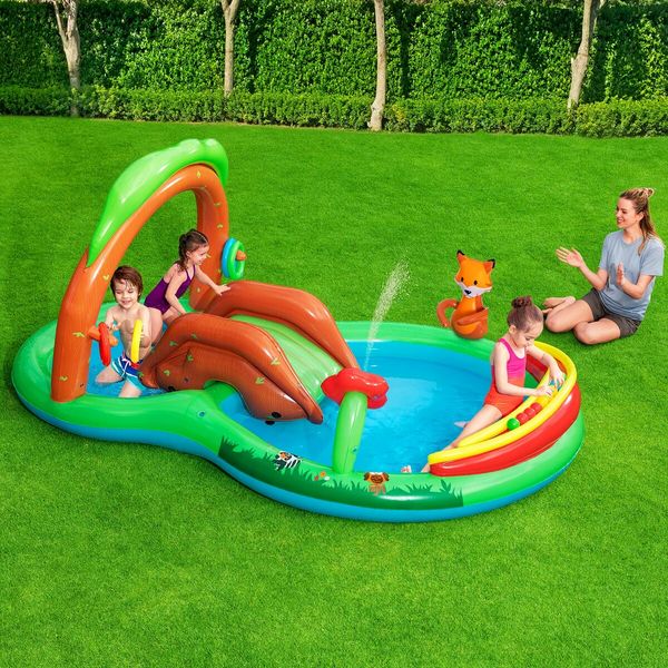 Bestway Inflatable Pool Play Centre Blow Up Water Park Center Slide Splash Toys Kiddie Bouncy Activity Center Game Area Ring Sprayer Balls Playset